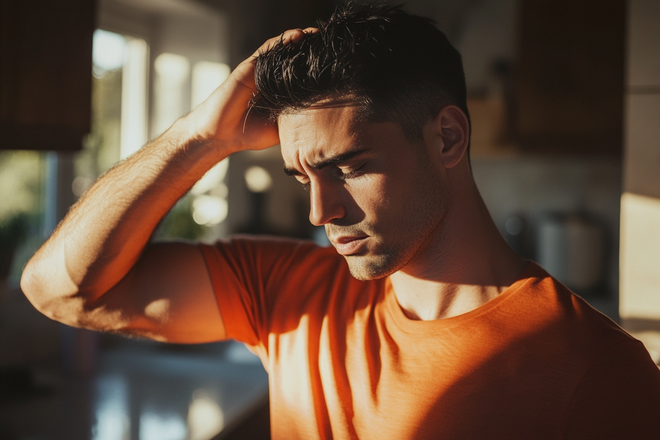 Um homem na casa dos 30 anos, com expressão de exasperação, passa a mão pelos cabelos na cozinha | Fonte: Midjourney