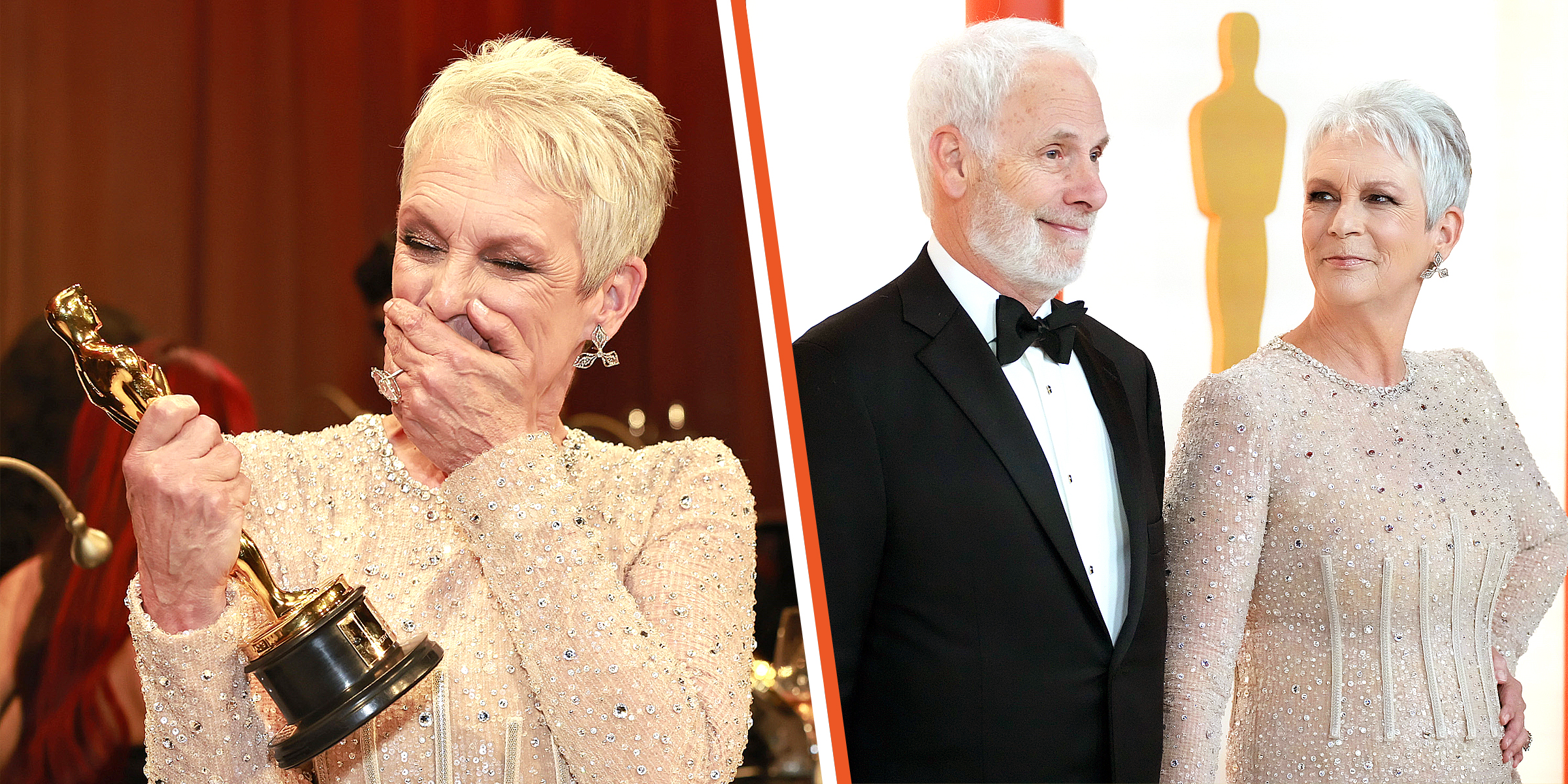 Jamie Lee Curtis crying with hr Oscar on March 12, 2023. | Jamie Lee Curtis and her husband, Christopher Guest, on the Academy Awards red carpet on March 12, 2023. | Source: Getty Images