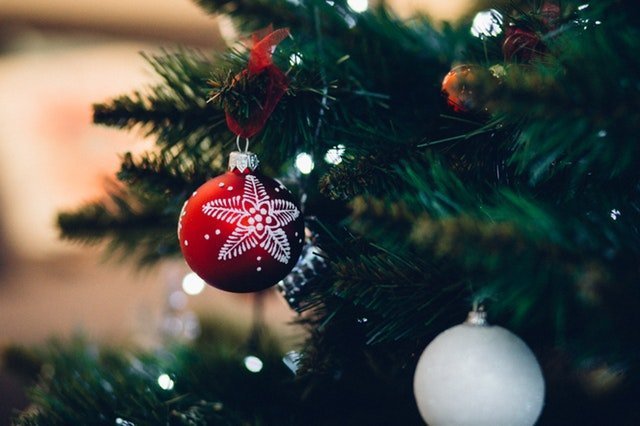 Red and white ornamets hanging in Christmas tree | Source: Pexels