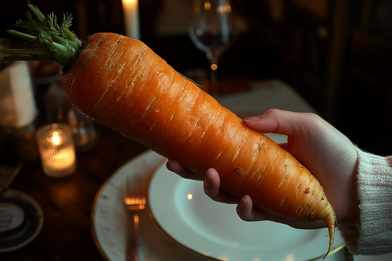 Close-up of a woman holding a huge carrot | Source: Midjourney