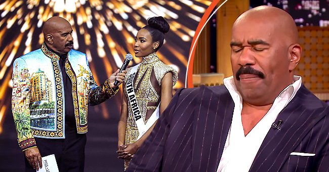 Steve Harvey pictured on stage as Miss Universe talking to Miss South Africa Lalela Swane, 2021 [Left] Steve Harvey during an interview on "The Tonight Show starring Jimmy Fallon" [Right]. | Photo: Getty Images &  youtube.com/fallontonight