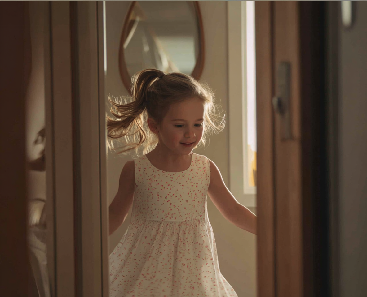 A smiling little girl wearing a white dress | Source: Midjourney