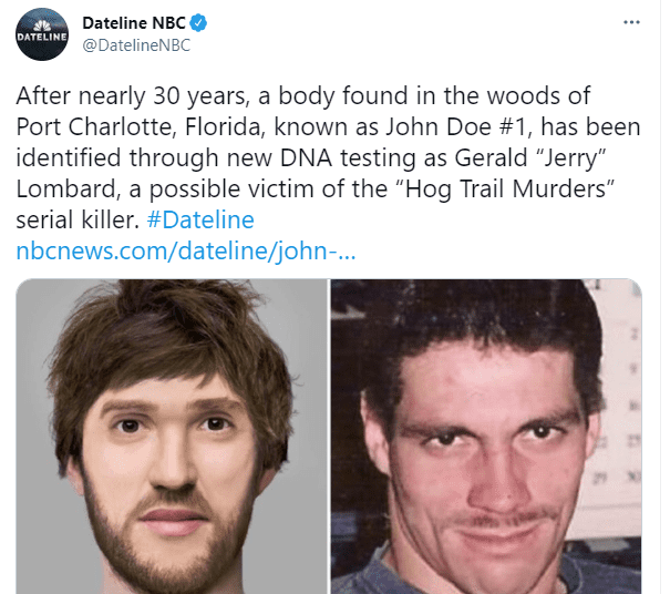 On the left a sketch of what John Doe #1 might have looked like and his actual photo on the right on June 10, 2021 | Photo: Twitter/@DatelineNBC