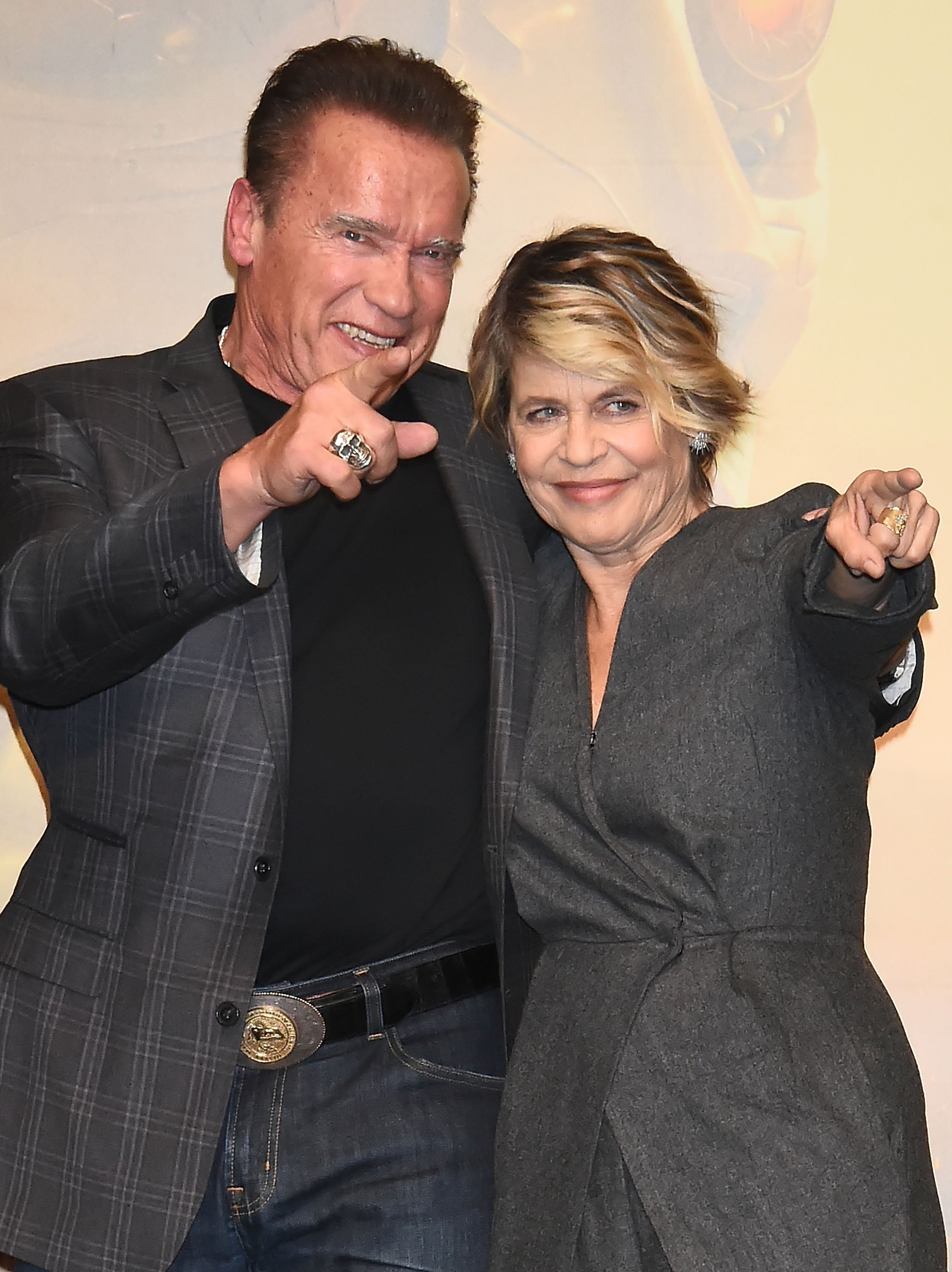 Linda Hamilton and Arnold Schwarzenegger attend the press conference for the Japan premiere of 'Terminator: Dark Fate' on November 5, 2019, in Tokyo, Japan | Source: Getty Images