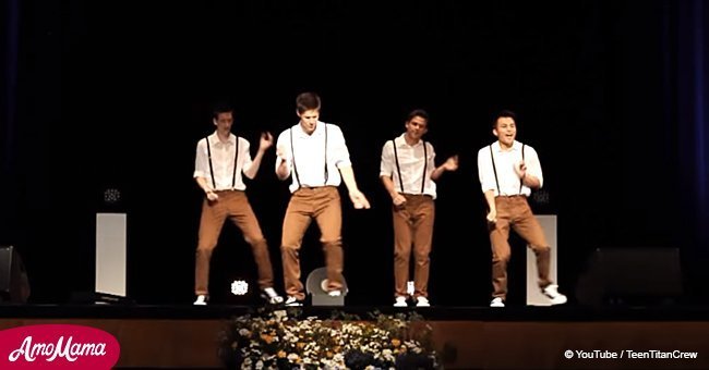 Four teens rock the audience with their dance moves when the 60's song suddenly changes