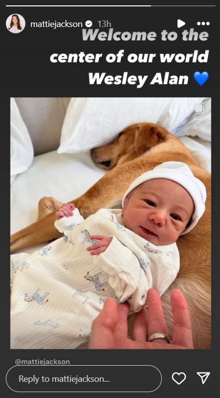 Connor Smith and Mattie Jackson's newborn son, Wesley Alan Smith, posing with Ryman in a post made on June 27, 2024 | Source: Instagram/mattiejackson