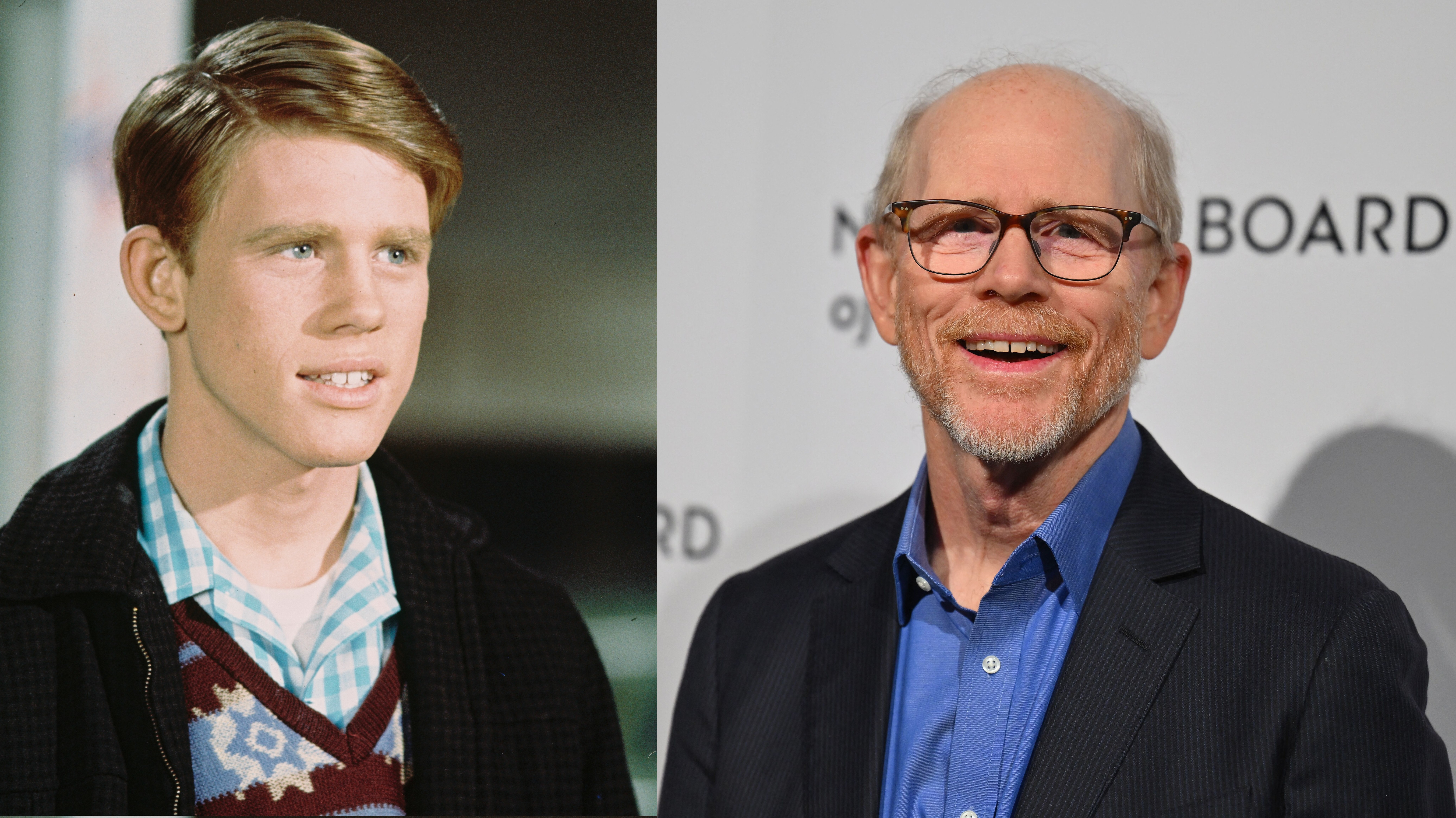 Ron Howard, wearing a black jacket, V-neck jumper and a blue shirt in a publicity still issued for the US television series, "Happy Days," circa 1977. | Ron Howard arrives for the National Board of Review Awards Gala at Cipriani 42nd Street in New York City on January 8, 2023. | Source: Getty Images