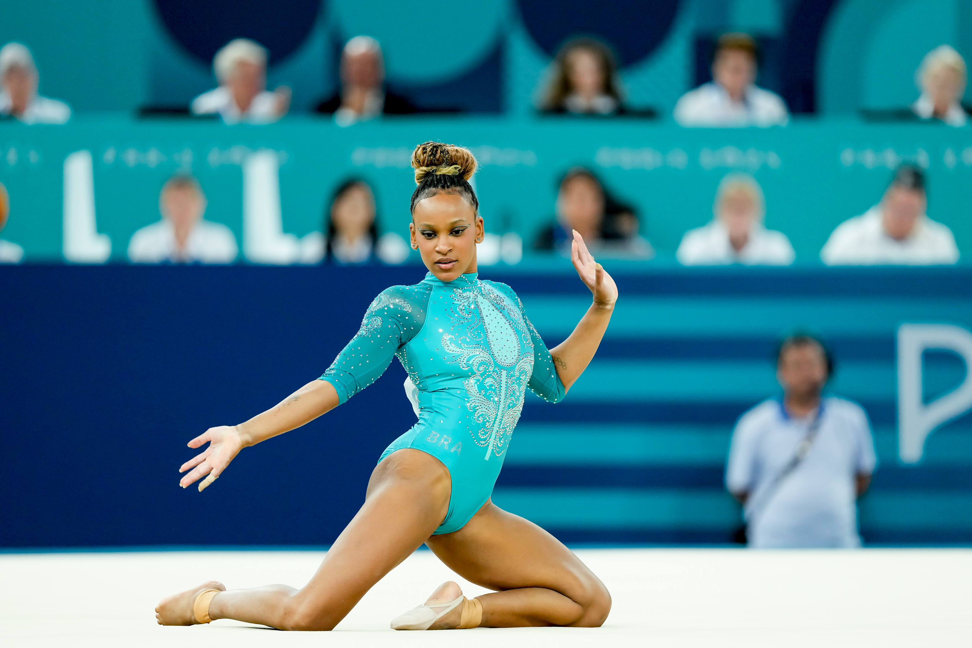 Rebeca Andrade of Brazil during the Women's Floor Exercise Final on day ten of the Olympic Games Paris 2024 at Bercy Arena on August 5, 2024 in Paris, France | Source: Getty Images