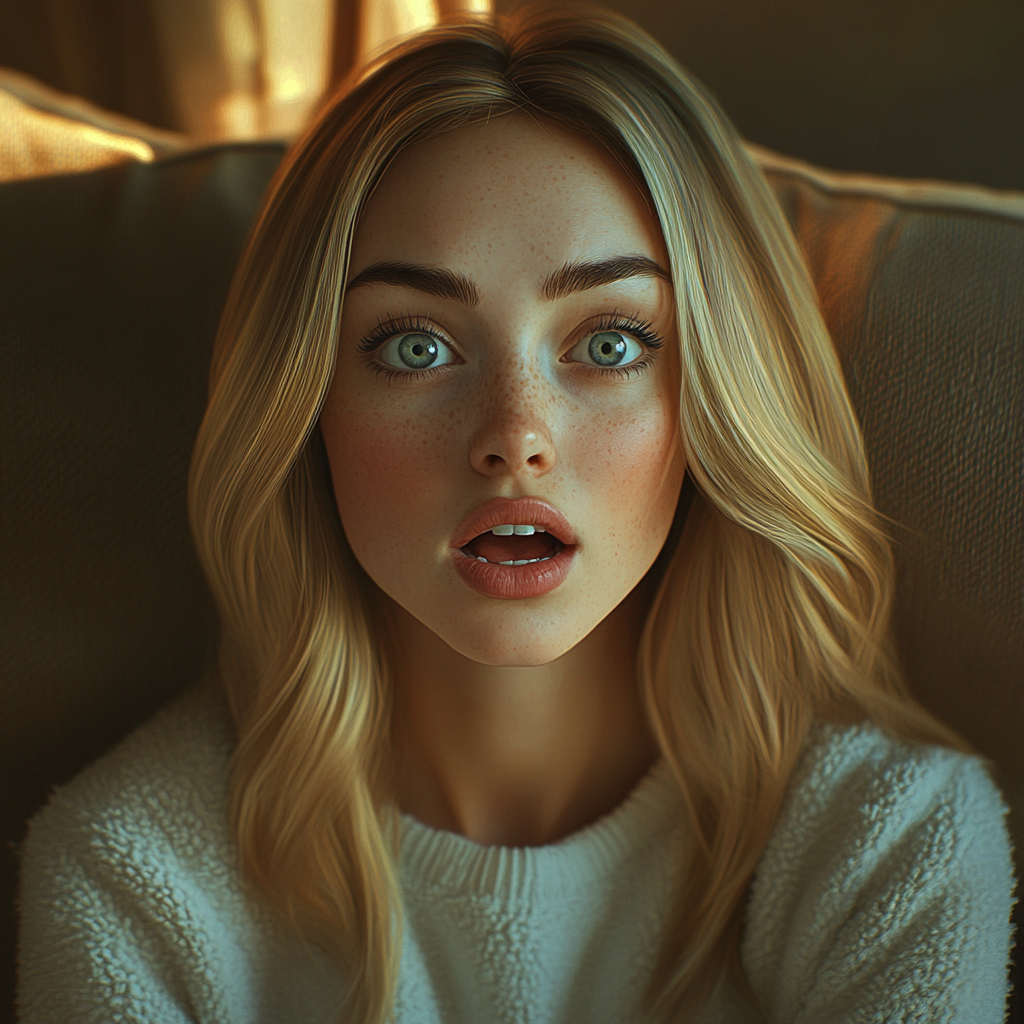 A distressed woman sitting on the couch | Source: Midjourney