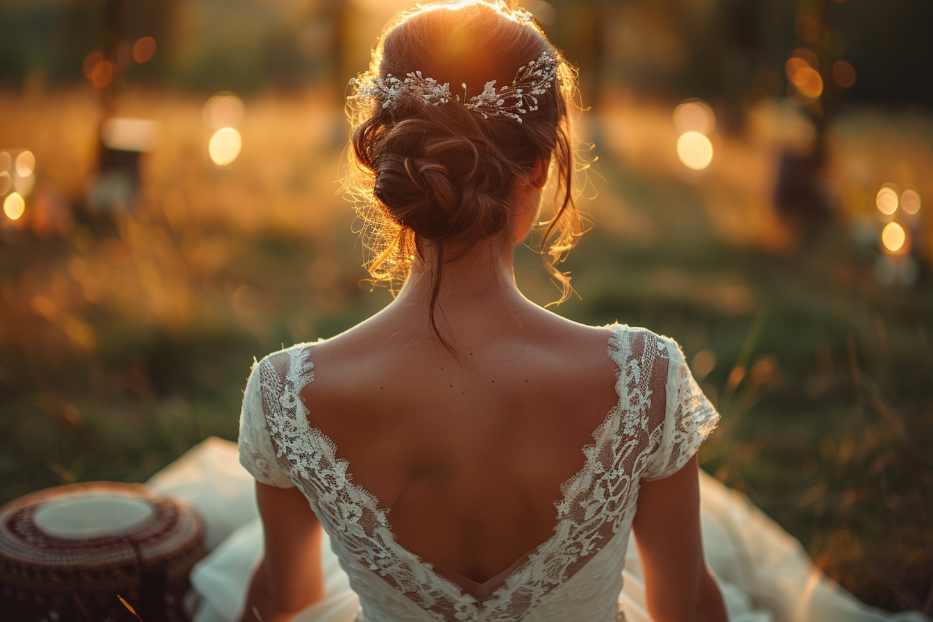 Close-up rear view of a bride kneeling on grass | Source: Midjourney