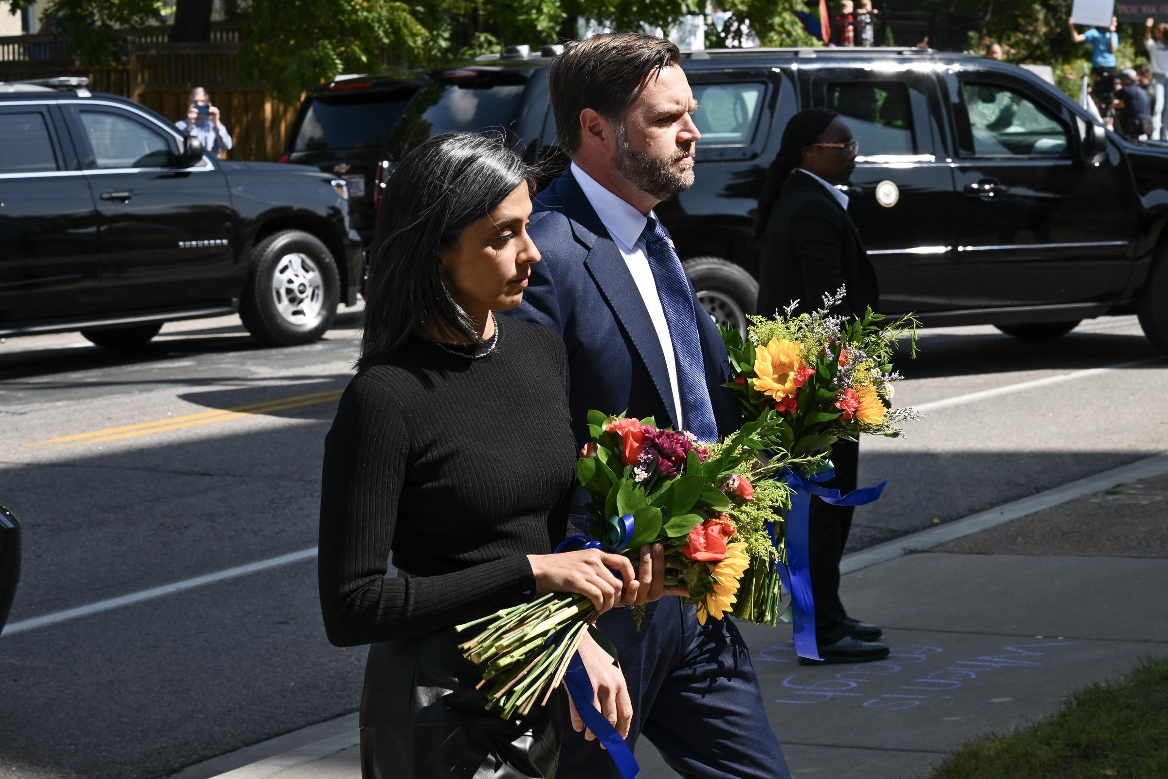 JD Vance and Usha Vance arrive to pay their respects to victims of the Annunciation Catholic Church shooting on September 3, 2025, in Minneapolis, Minnesota | Source: Getty Images