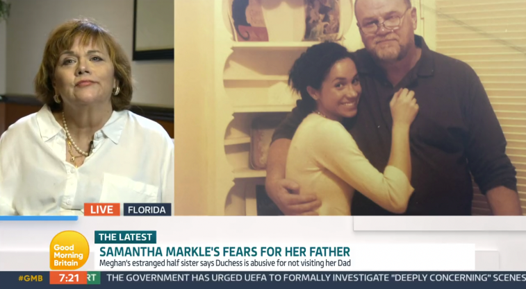 Samantha Markle speaking about her dad, Thomas Markle's condition, alongside a throwback picture of Meghan and Thomas Markle, posted on May 30, 2022 | Source: X/@GMB