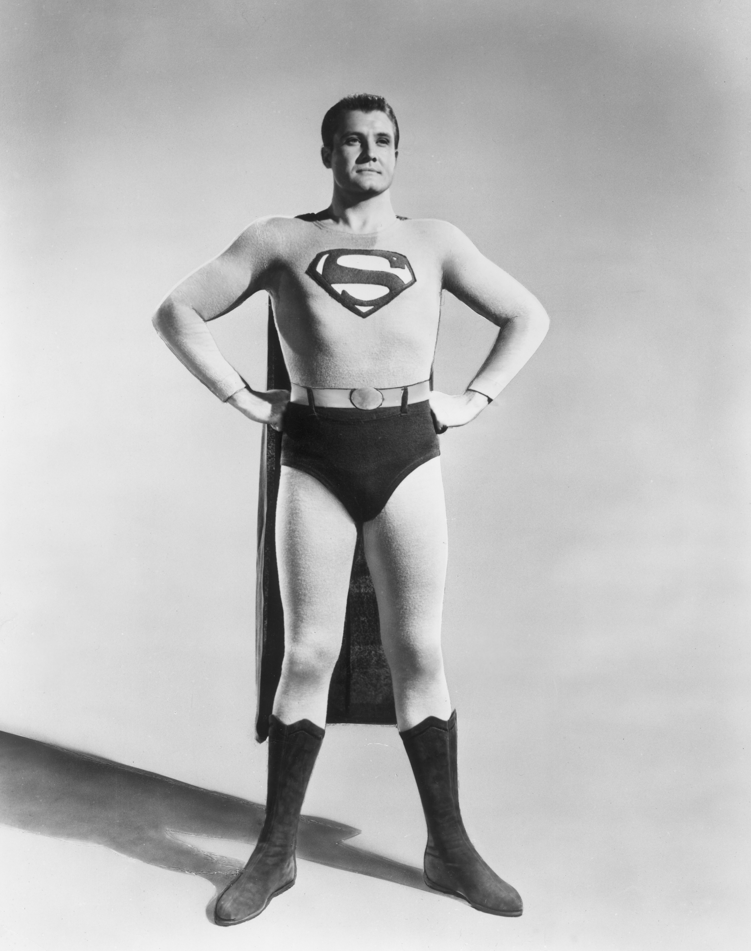 Full-length studio portrait of American actor George Reeves (1914 - 1959) in costume as the Man of Steel from the TV show 'Superman' circa 1955. | Source: Getty Images