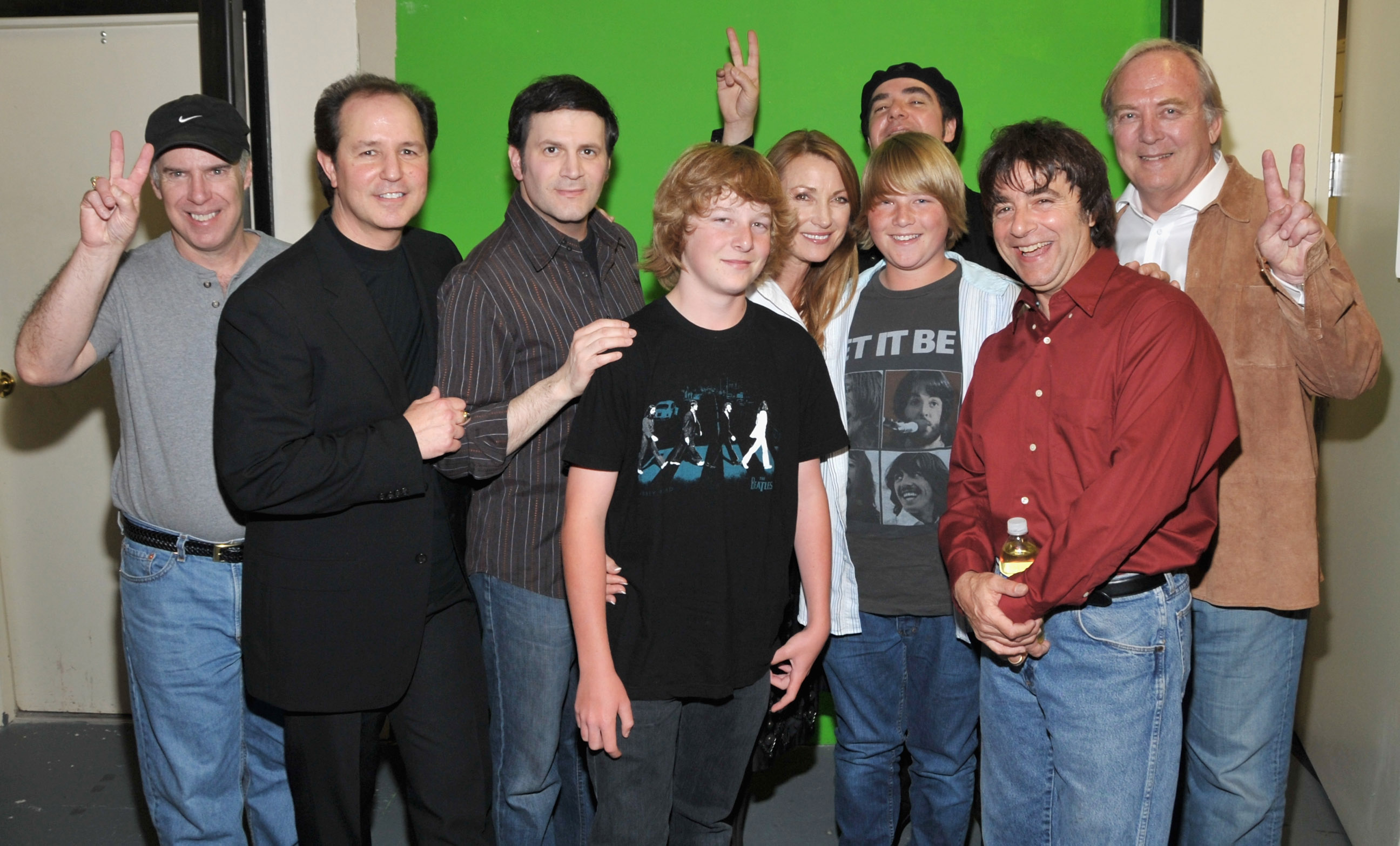 (L-R) Mark Lewis (L) Joey Curatolo, Steve Landes, Jane Seymour, John Keach, Kristopher Keach, Joe Bithorn and Ralph Castelli and James Keach at "Rain: A Tribute To The Beatles" at The Pantages Theatre on April 4, 2009 in Hollywood, California. | Source: Getty Images