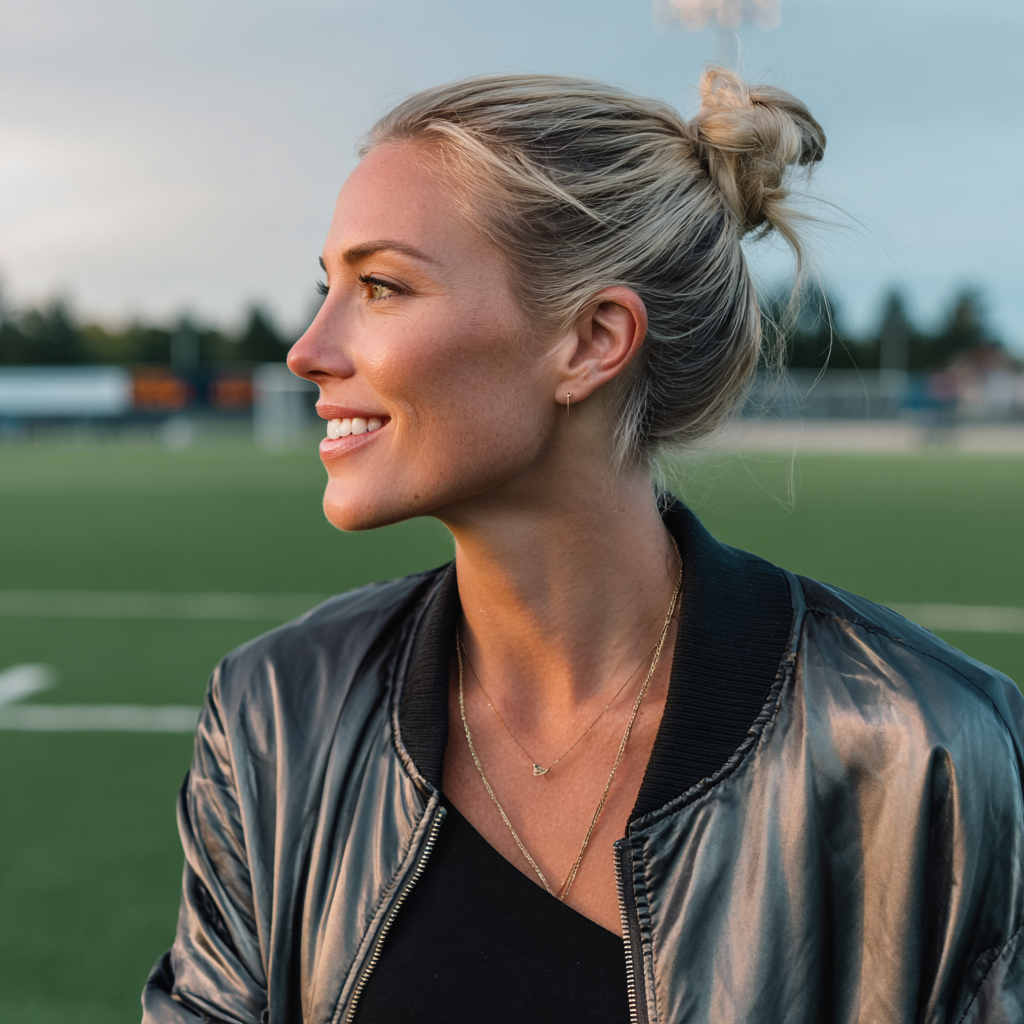 A smiling woman standing on a soccer field | Source: Midjourney