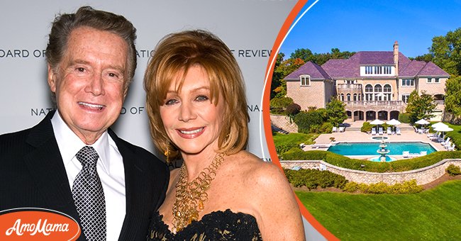Regis Philbin and Joy Philbin at the 2010 National Review Board Awards Gala on January 12, 2010, in New York (left), Photo of the Philbin mansion (right) |  Photo: Twitter.com/WSJRealEstate, Getty Images