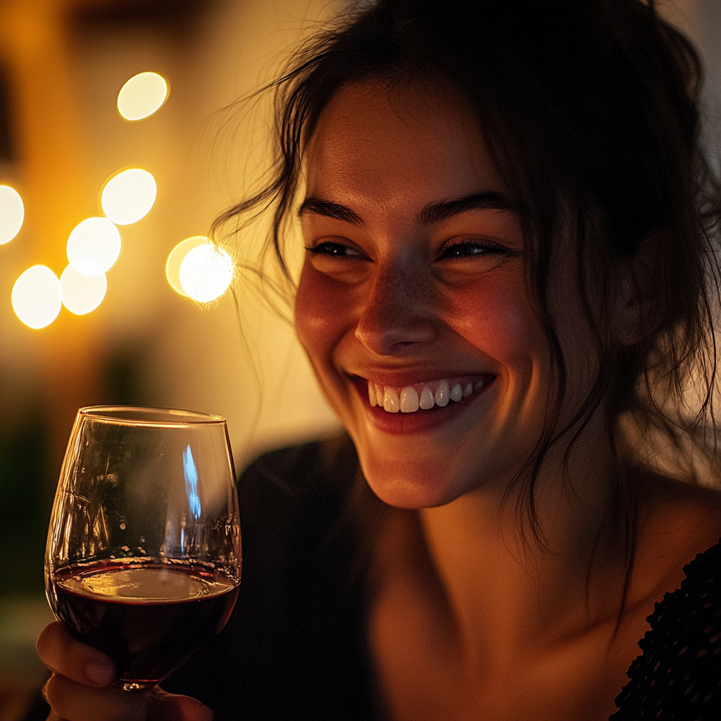 A smiling woman holding a wine glass | Source: Midjourney