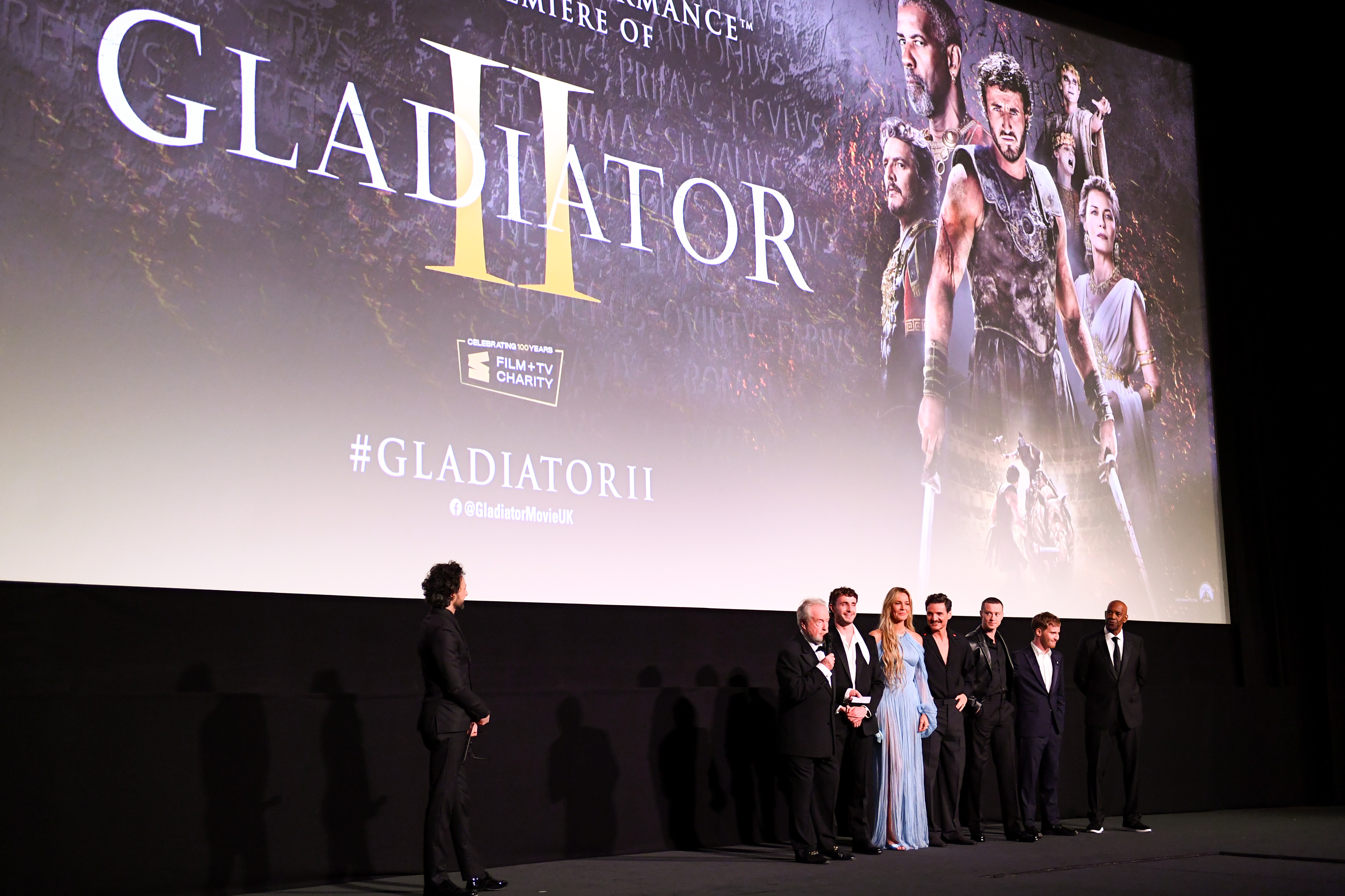 Ridley Scott, Paul Mescal, Connie Nielsen, Pedro Pascal, Joseph Quinn, Fred Hechinger, and Denzel Washington attend the Royal Film Performance and Global Premiere of "Gladiator II" at Odeon Luxe Leicester Square in London, England, on November 13, 2024 | Source: Getty Images