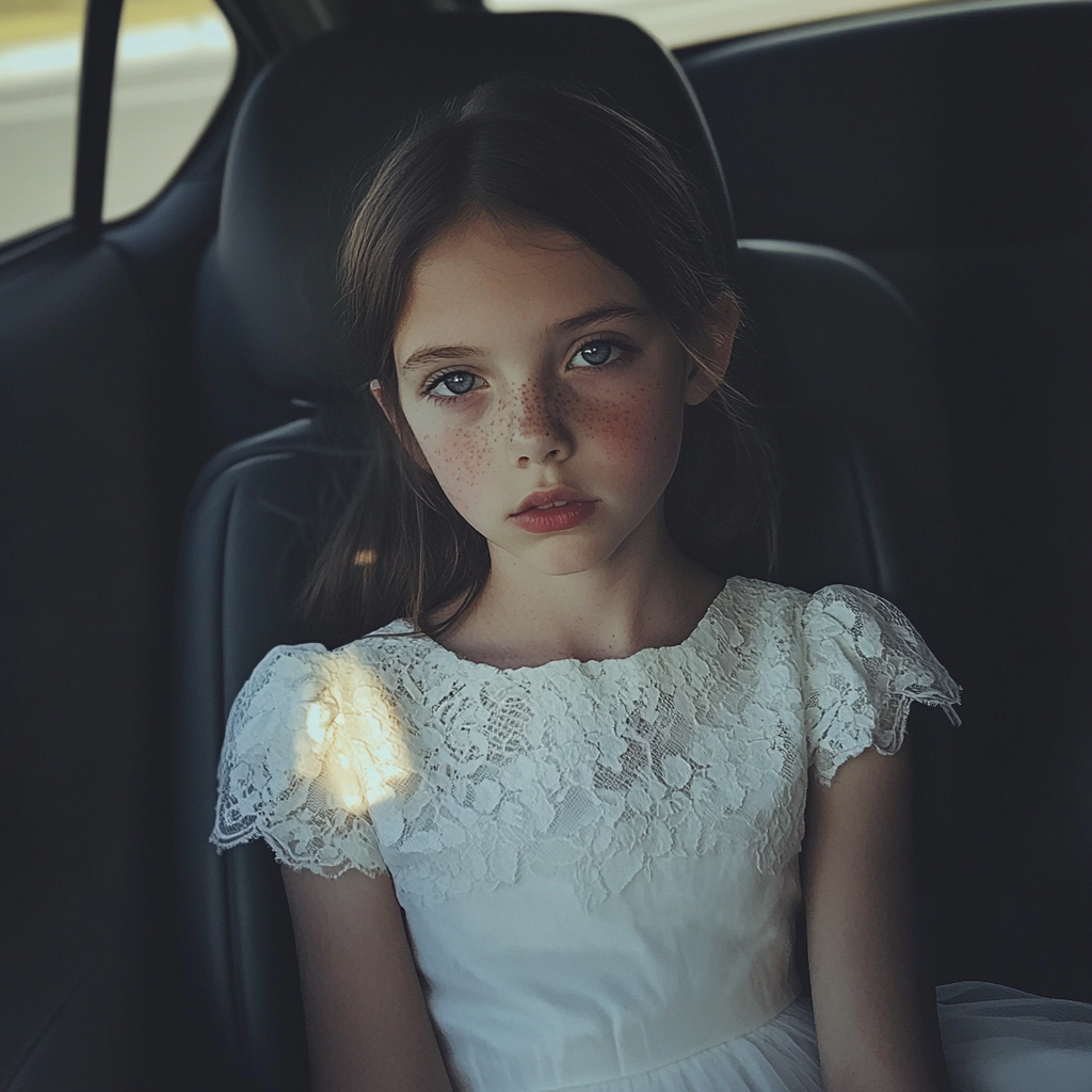 A sad girl in the backseat of the car | Source: Midjourney