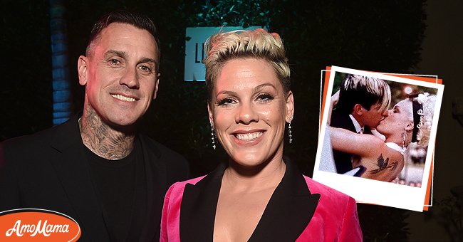Carey Hart and Pink at Billboard's Live Music Summit and Awards Ceremony on November 5, 2019, in Beverly Hills, California, and them kissing on their wedding day on January 7, 2006, in Costa Rica. | Source: Alberto E. Rodriguez/Getty Images & Instagram/pink