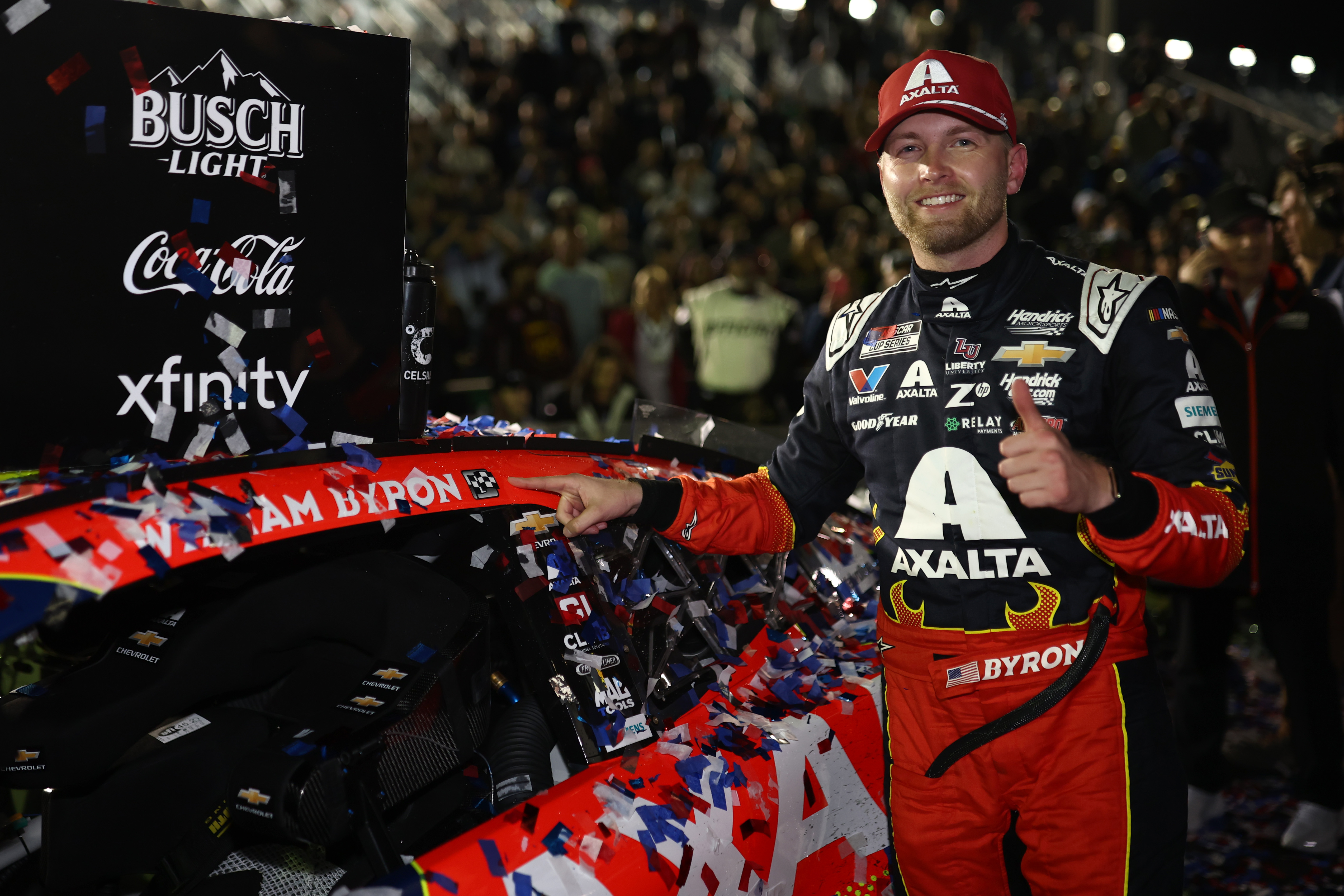 Driver William Byron celebrating in victory lane after winning the NASCAR Cup Series Daytona 500 on February 16, 2025, in Daytona Beach, Florida. | Source: Getty Images