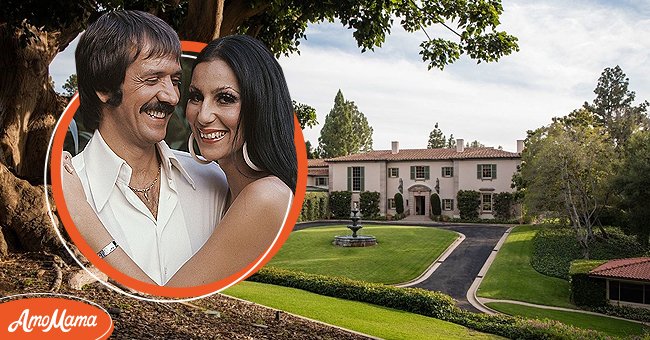 Sonny and Cher pose for a portrait at home in Beverly Hills, California circa 1970 [Left] | A picture of Sonny and Cher's house. [Right]. | Photo: Getty Images