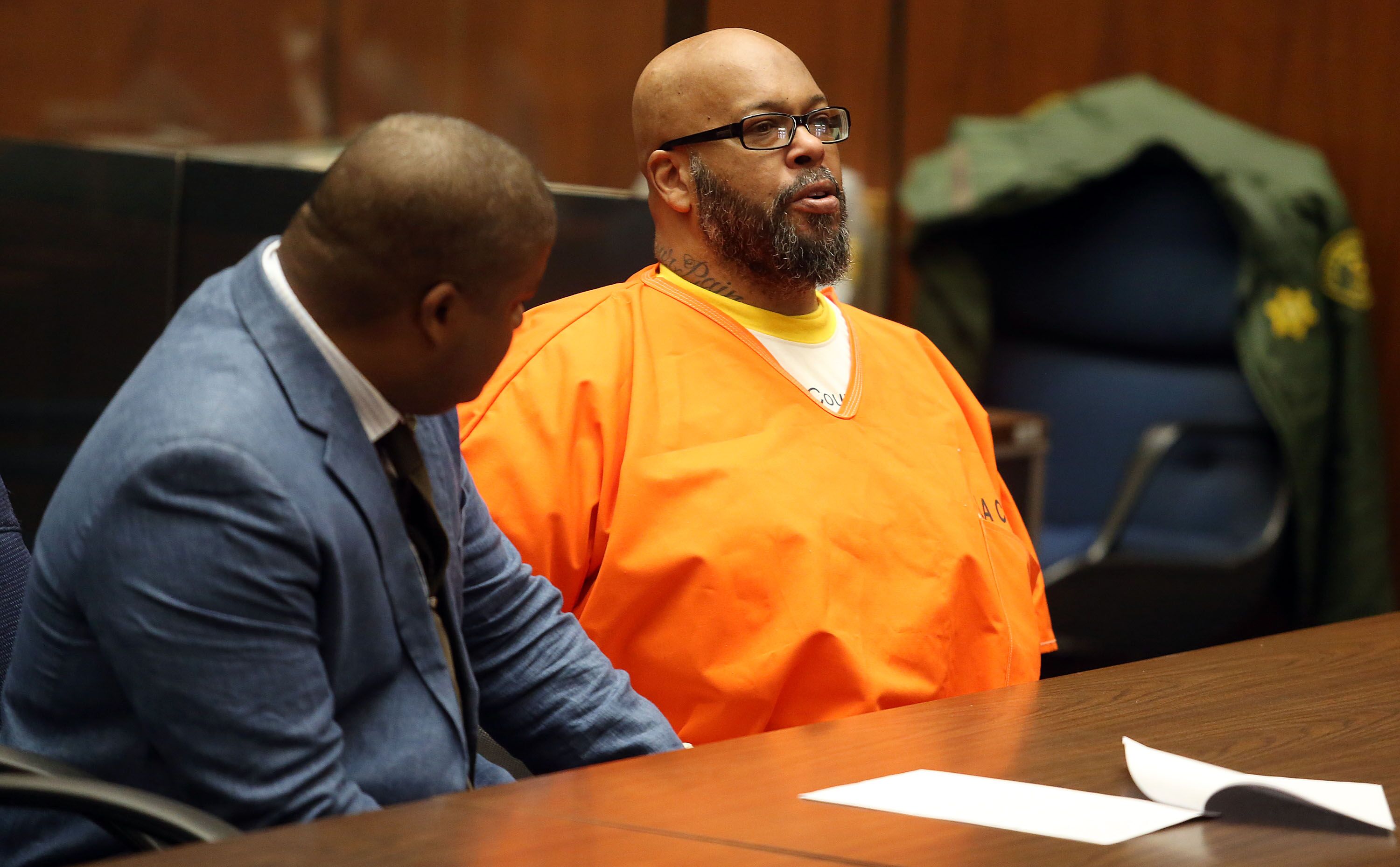 Marion "Suge" Knight (R) and his attorney Thaddeus Culpepper appear in court for a pretrial hearing at the Clara Shortridge Foltz Criminal Justice Center on February 26, 2016 in Los Angeles, California. | Source: Getty Images