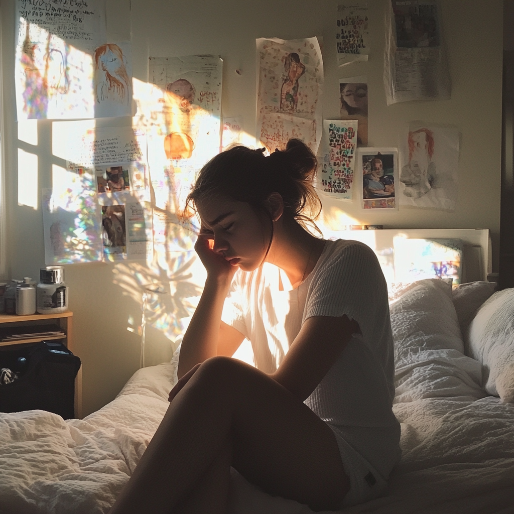 An upset girl sitting on her bed | Source: Midjourney