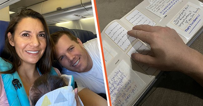 [Left] Picture of couple Dustin and Caren Moore with their newly adopted daughter; [Right] Messages written by passengers on the flight to Dustin and Caren | Source: facebook.com/YahooCanada || twitter.com/theamericanrd