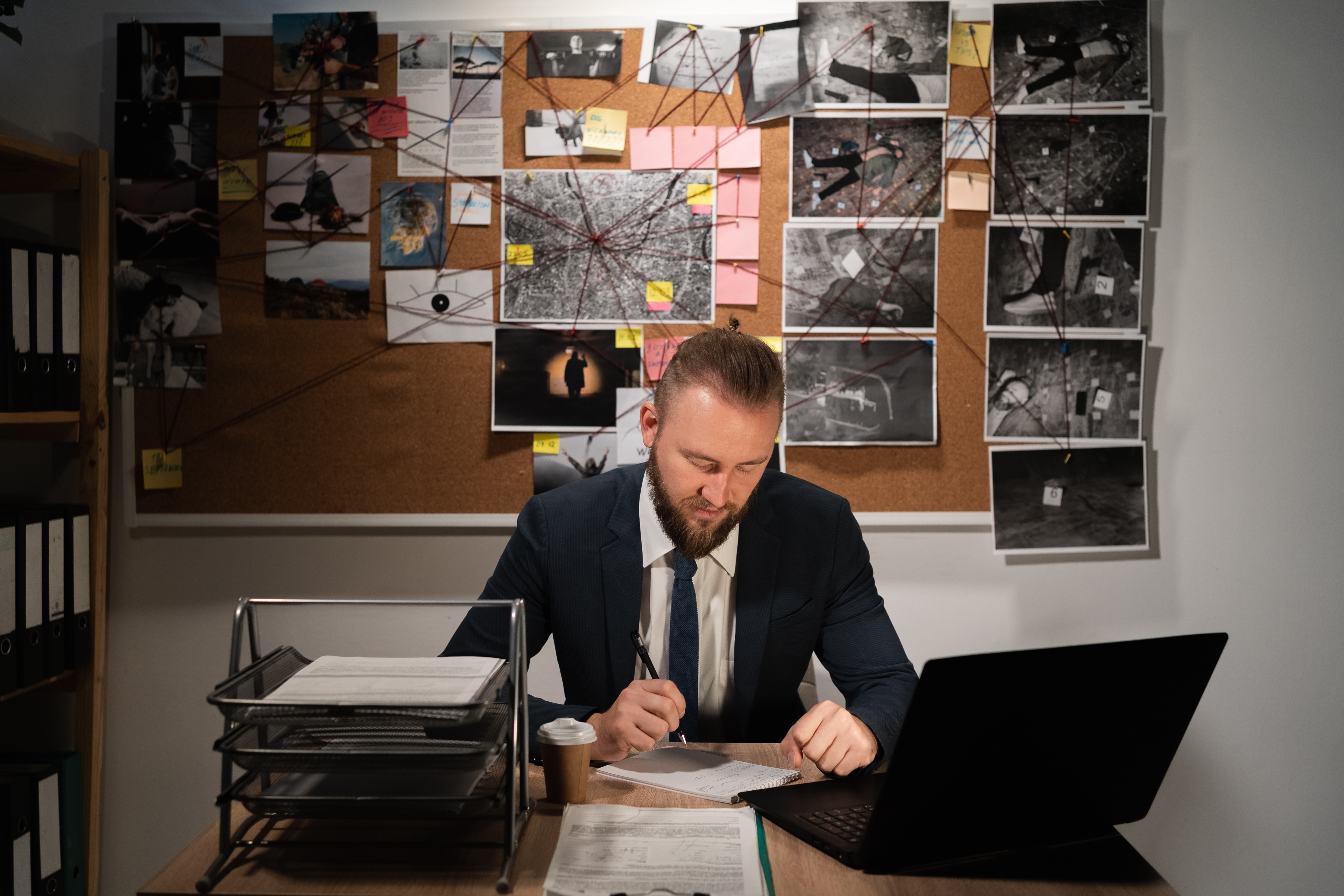 detective man working with evidence at desk in office, evidence board in the background, copy space  | Source: Shutterstock