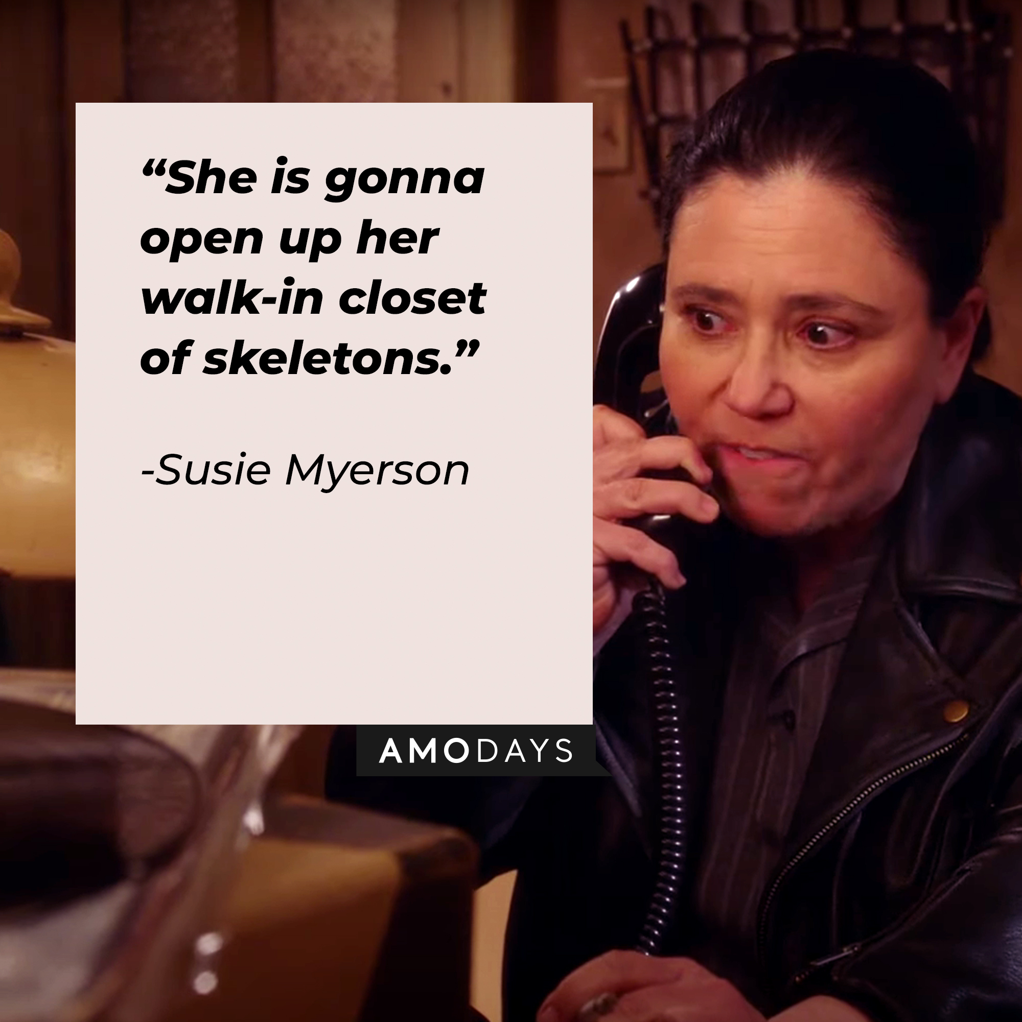 Susie Myerson with her quote: “She is gonna open up her walk-in closet of skeletons.”   | Source: youtube.com/PrimeVideoUK