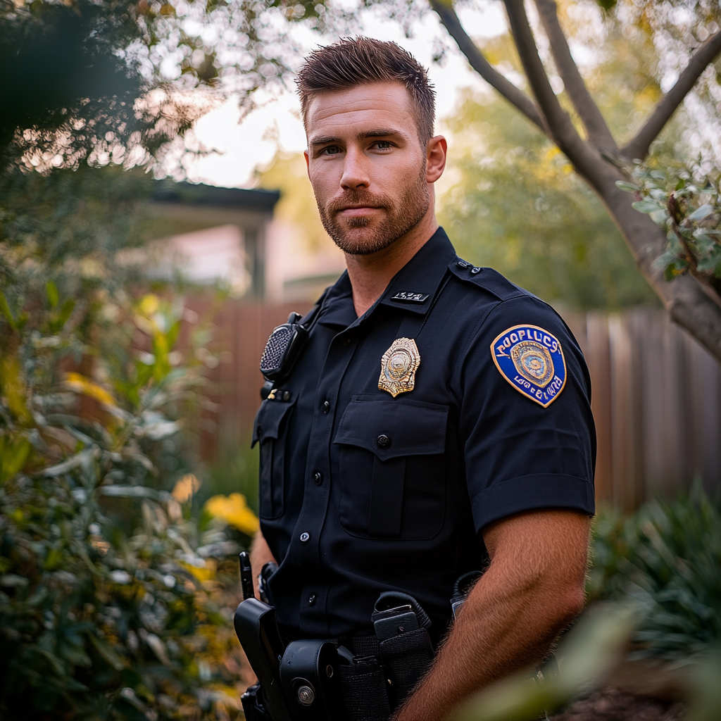 A young police officer standing in the garden of a house | Source: Midjourney