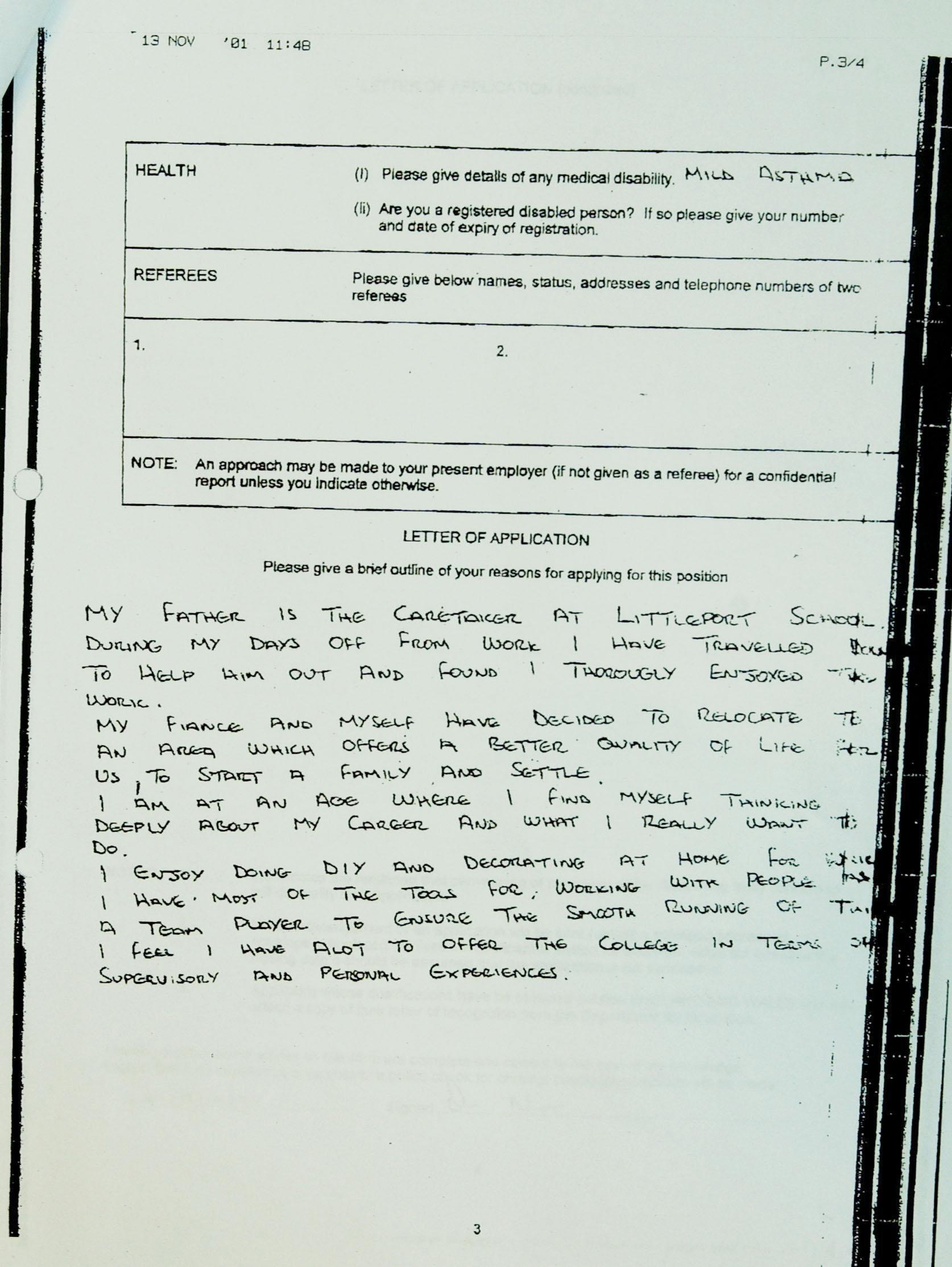 A copy of Ian Huntley's application form for the job of caretaker at Soham Village College which was presented to the Bichard Inquiry. | Source: Getty Images