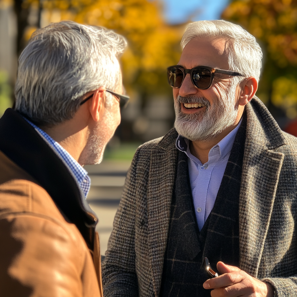 Two smiling men talking | Source: Midjourney