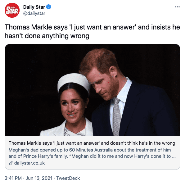 A screenshot of Meghan Markle and Prince Harry | Photo: twitter.com/Daily Star