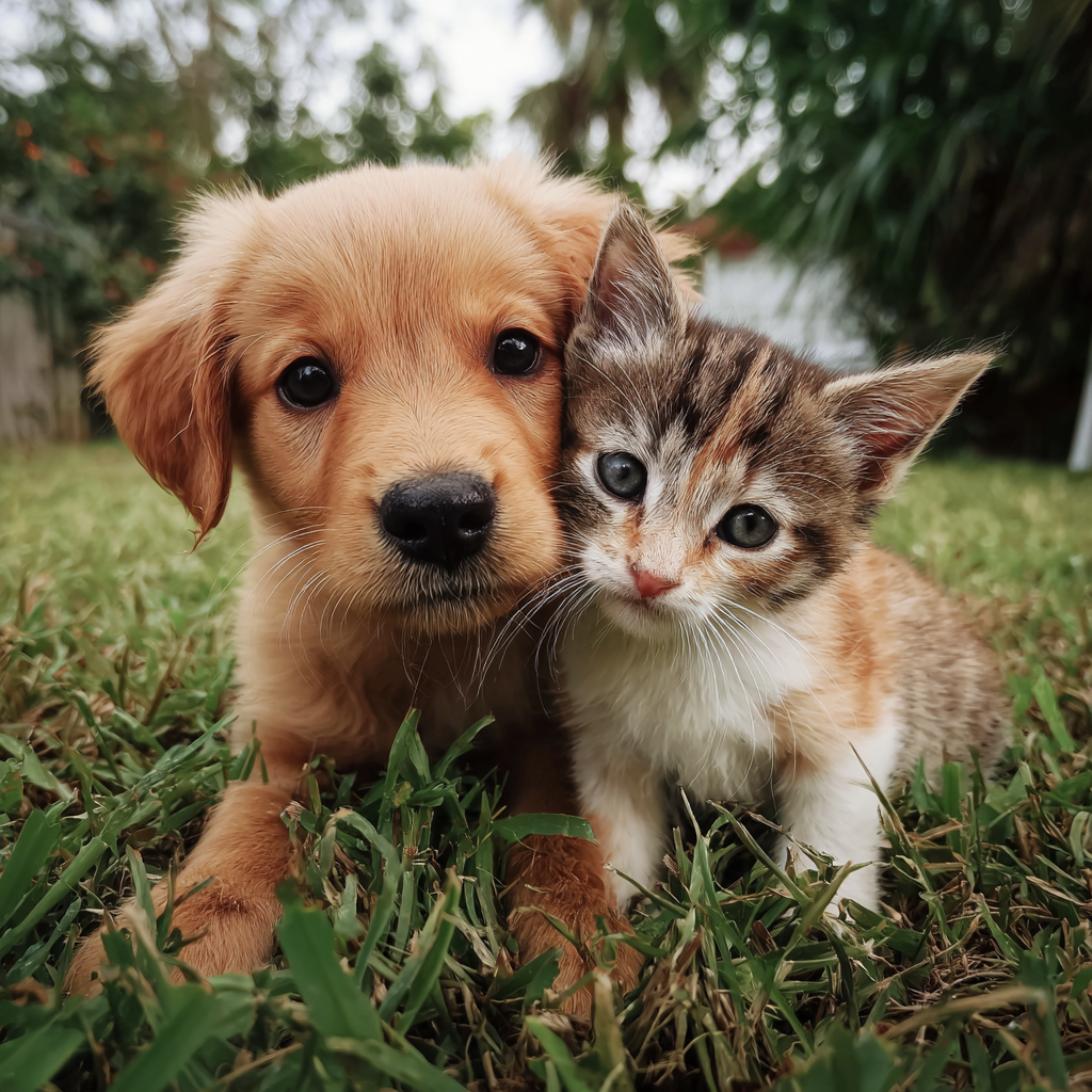 A puppy and a kitten sitting on the grass | Source: Midjourney