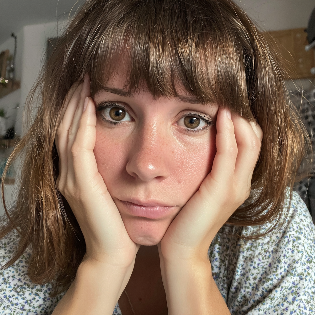 An upset woman holding her head | Source: Midjourney