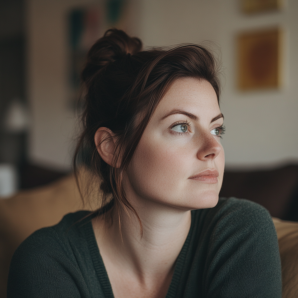 A woman looks thoughtful and curious while sitting at home | Source: Midjourney