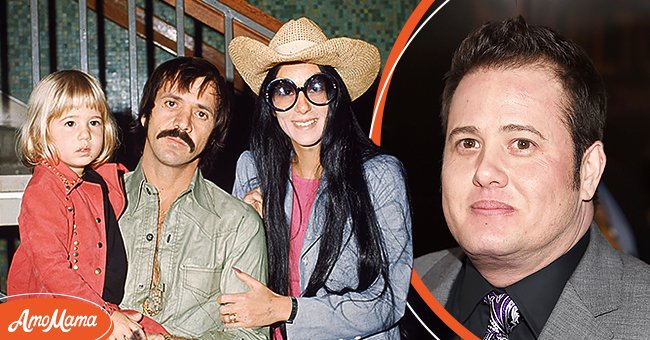 American singers and actors Sonny and Cher Bono pose with their daughter Chastity in front of a staircase, March 1, 1973 [left]. Chaz Bono attends the 25th Annual GLAAD Media Awards at The Beverly Hilton Hotel on April 12, 2014 [right]. | Photo: Getty Images