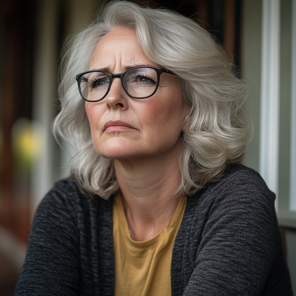 A woman looking thoughtful and anxious while sitting on her front porch | Source: Midjourney