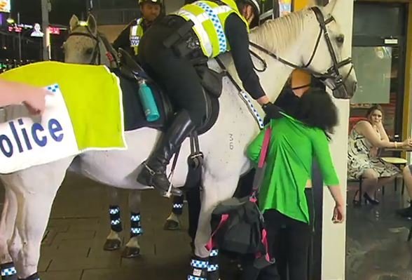 Después de que la mujer golpeó el caballo, el oficial montado la tiró del cabello y la arrojó al suelo. Fuente: Youtube / World Today