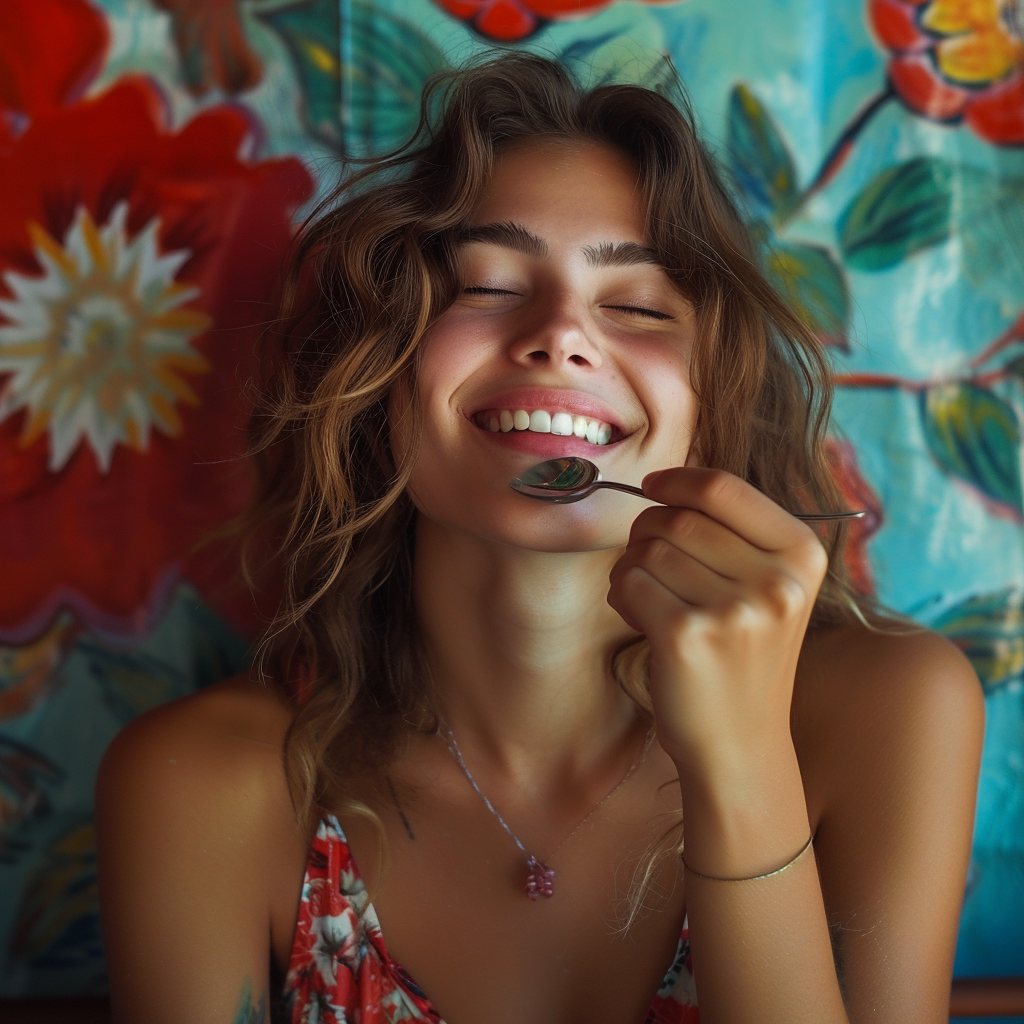 A woman holding a spoon and smiling with her eyes closed | Source: Midjourney