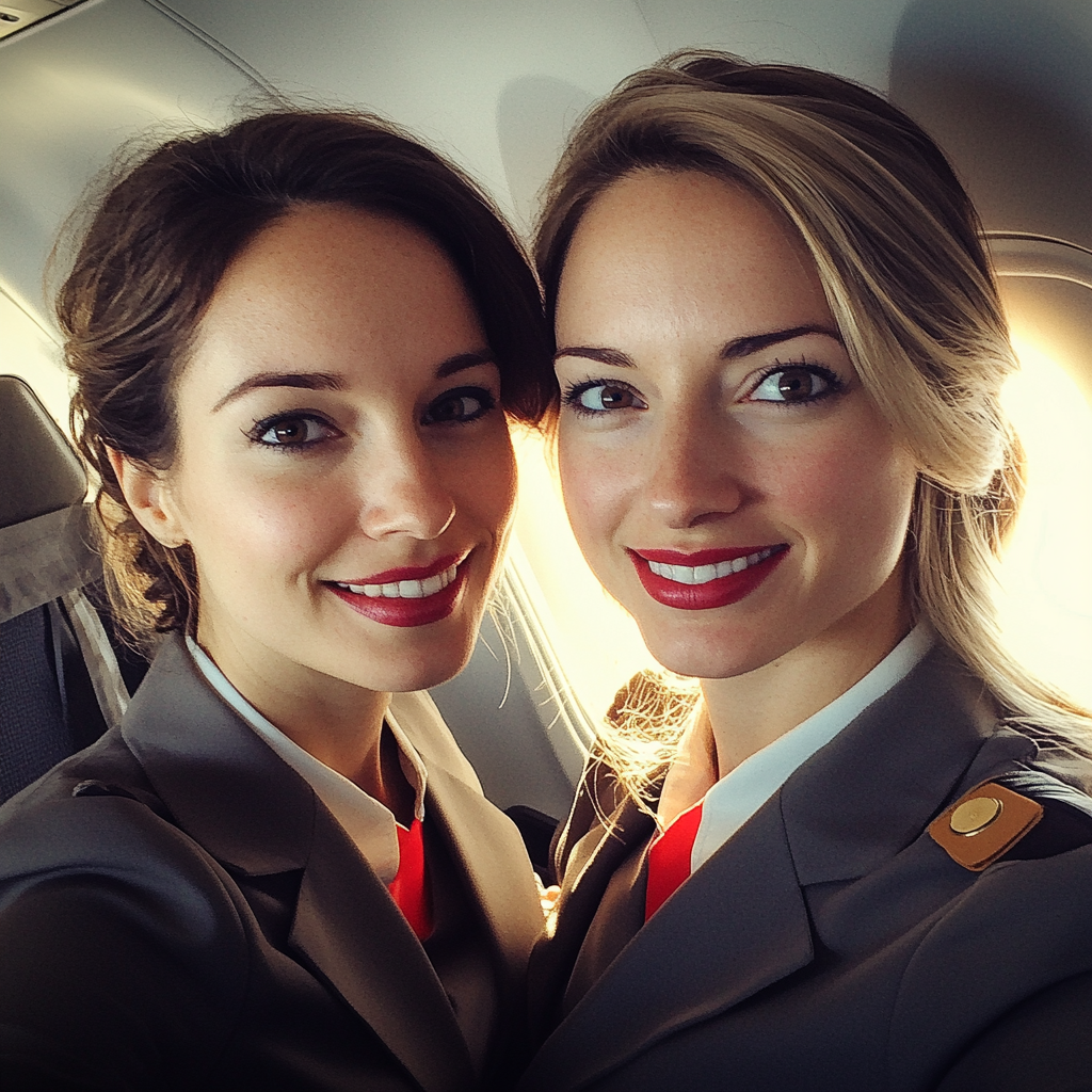 Two smiling flight attendants | Source: Midjourney