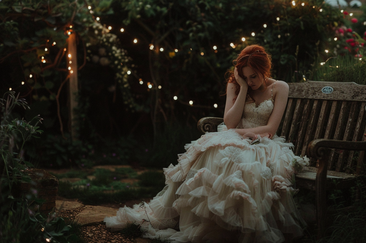 A crying bride sitting on a garden bench | Source: MidJourney