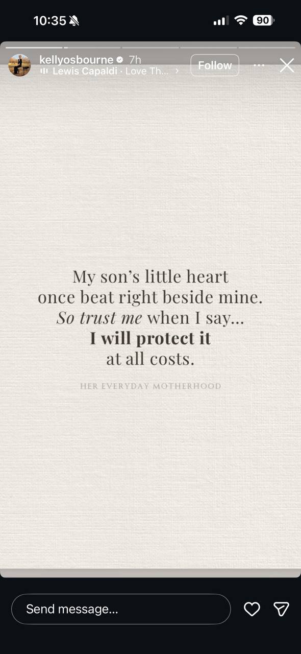 Focusing on her maternal bond, Kelly shared a touching quote about her devotion to her three-year-old. She reaffirmed that she will protect her son's heart at all costs. | Source: Instagram/kellyosbourne
