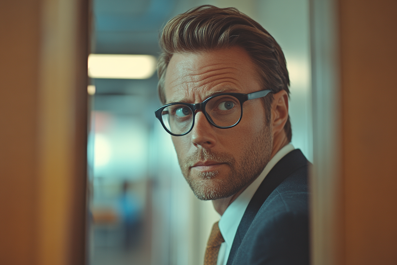 A businessman peeking into a room | Source: Midjourney