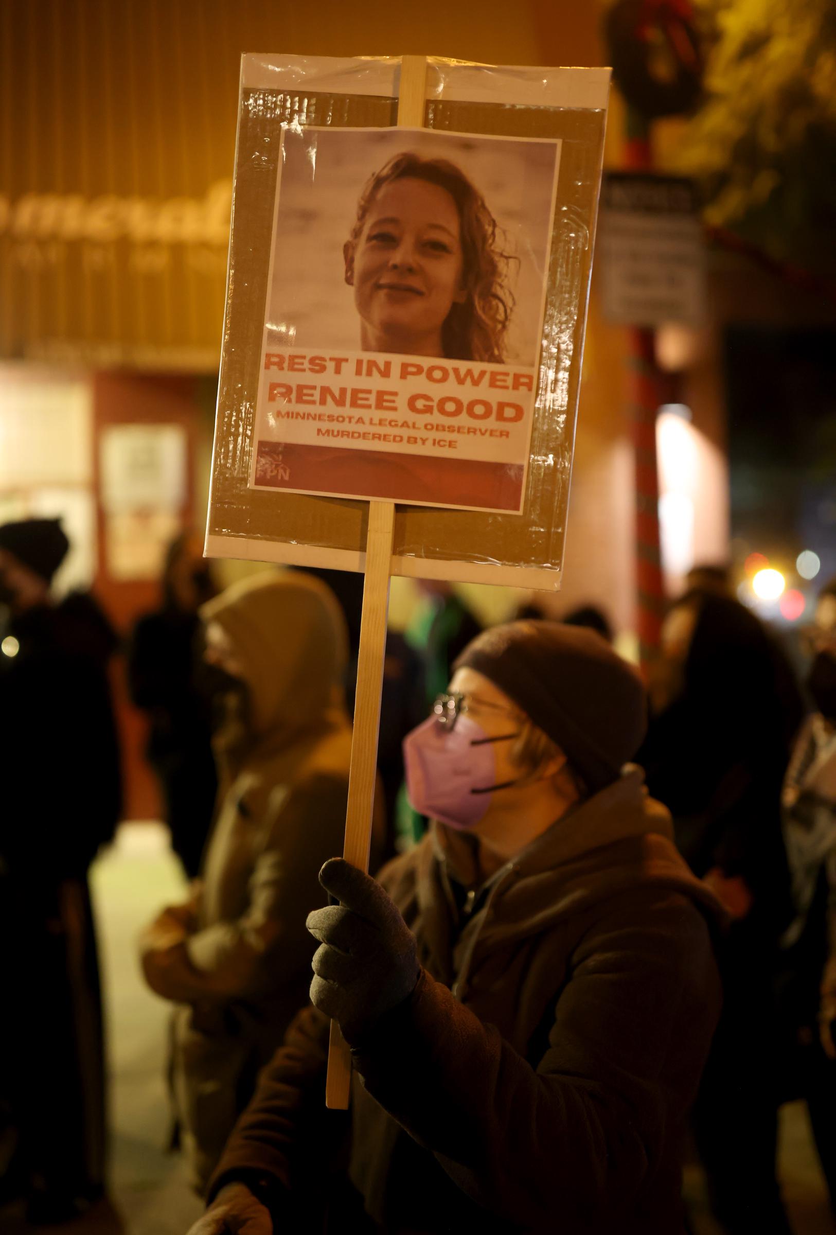 Protesters take part in a vigil for Renee Nicole Good at Fruitvale Plaza in Oakland, California, on January 7, 2026. | Source: Getty Images