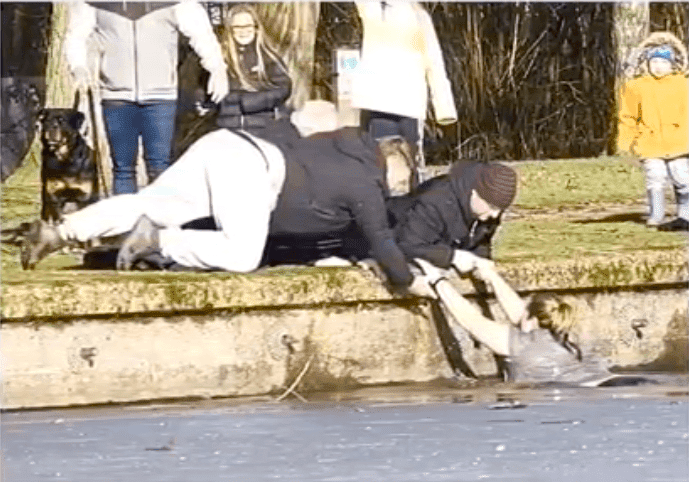 Spaziergänger ziehen Frau aus eisigem See - Quelle: YouTube/World Entertainment