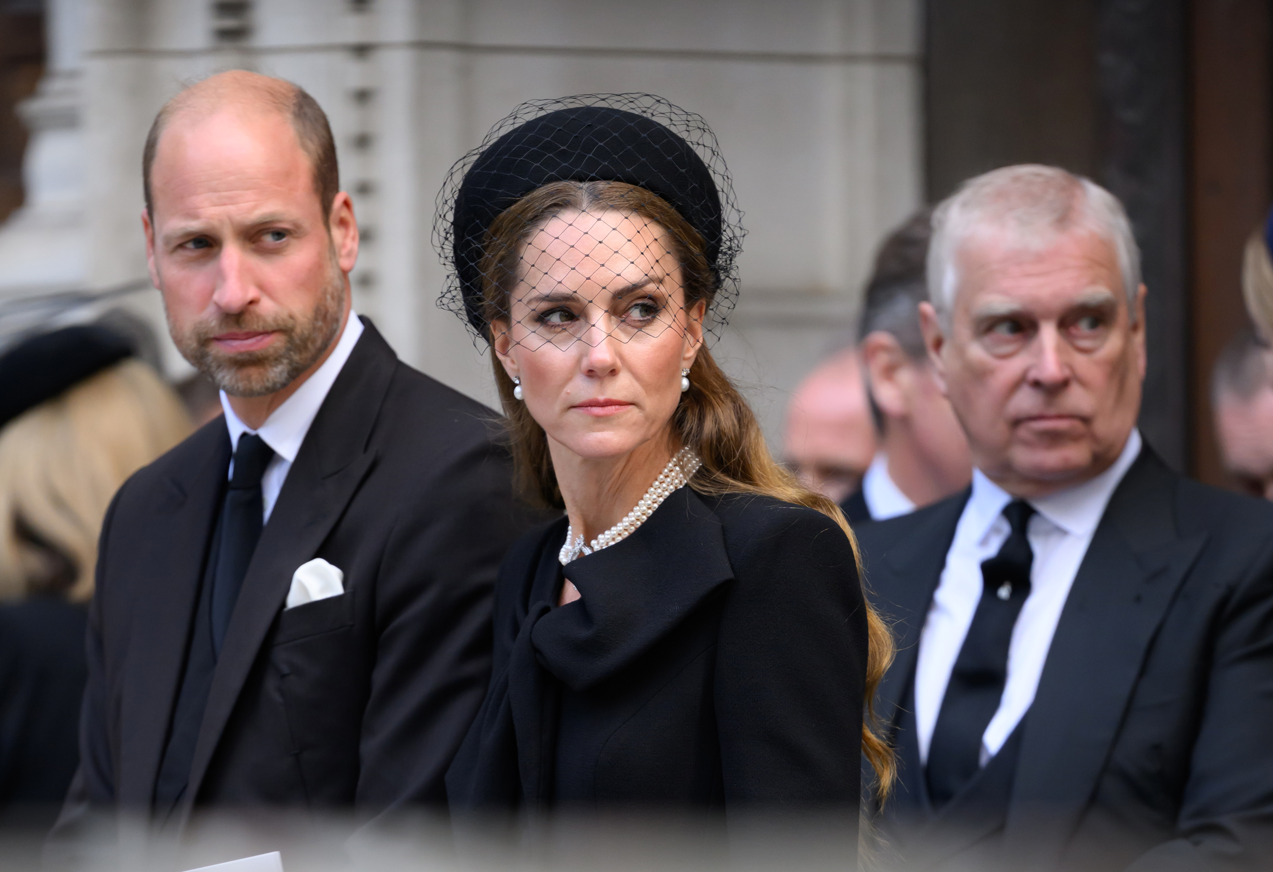 Prince William, Princess Catherine and ex-Prince Andrew, depart after the Requiem Mass service for the Duchess of Kent on September 16, 2025 in London, England. | Source: Getty Images
