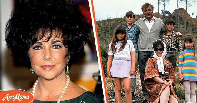 (L) Foto der Schauspielerin Elizabeth Taylor in New York City. (R) Elizabeth Taylor mit Richard Burton und den Kindern Michael Wilding, Christopher Wilding, Elisabeth Todd und Maria Burton im Jahr 1967 | Quelle: Getty Images